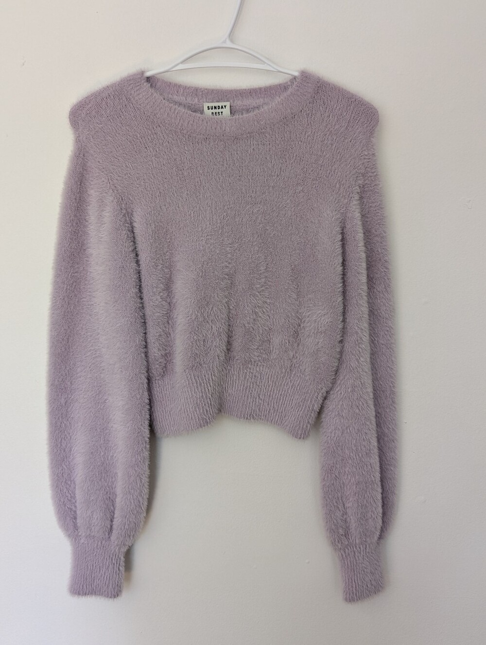 Sunday Best Aritzia Fuzzy Cropped Knit Sweater Lilac Mauve Y2K Style Chic M